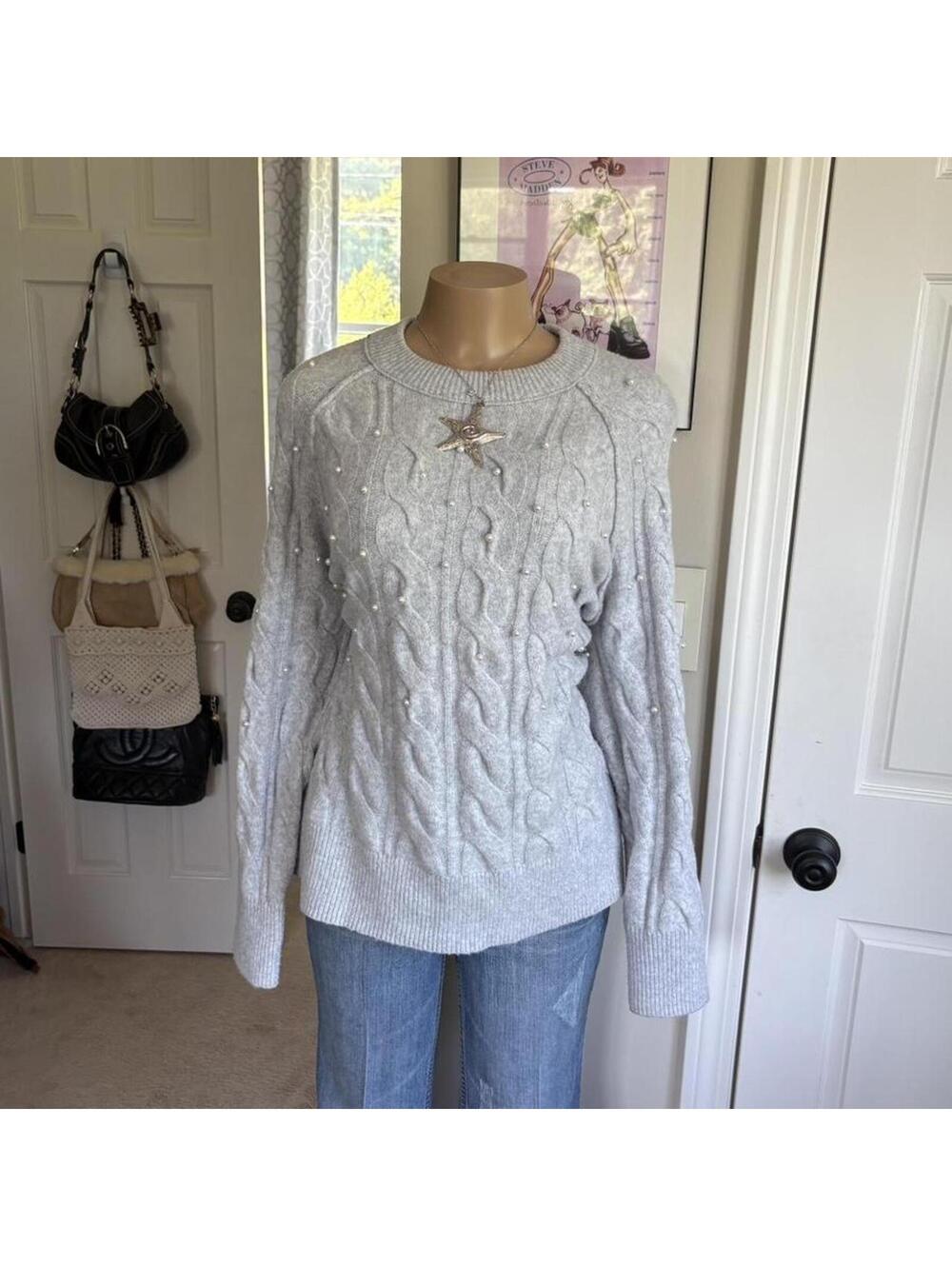 Aerie gray‎ pearl cable knit cozy sweater